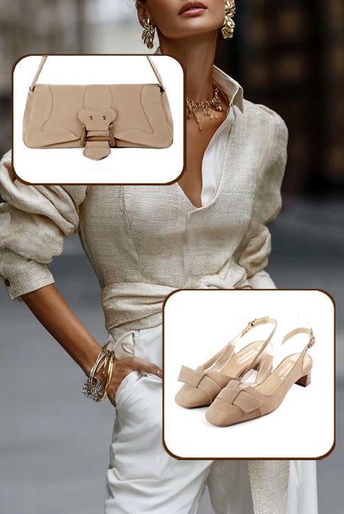 Women's tan beige elegant slingback heels. Square toe. Low kitten heels - Worn view